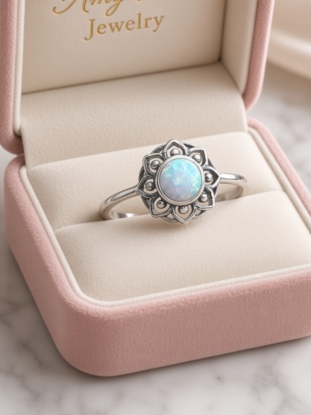 White Gold Plated Floral Halo Ring with Opal Center. New.